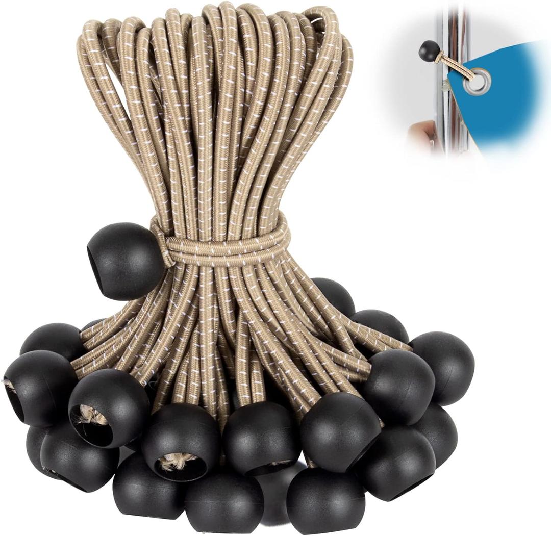 Tarp Ball Bungee Cords 6 Inch,50 PCS Tarp Bungee Balls Ties Heavy Duty Canopy Tarp Tie Down Balls for Camping,Shelter,Cargo,Projector Screen,Tent Poles with UV Resistant (Brown)