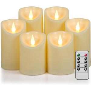 DRomance 6 Pack Flameless Pillar Candles Battery Operated with 10-Key Remote and Timer LED Flickering Candles Ivory Plastic Dinner Wedding Holiday Indoor Decor(3" D x 4", 5", 6" H)