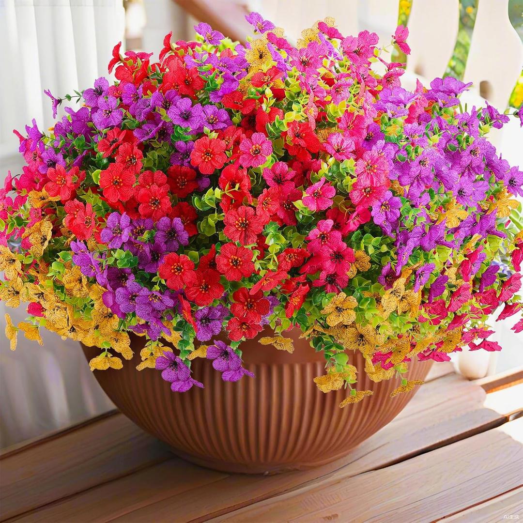 Rowfad 36 Bundles Artificial Flowers Outdoors UV Resistant Fake Plastic Spring Mum Flowers Colorful Silk Plants for Outside Porch Window Patio Home Decor(36, Red, Purple, Yellow, Rose Red)