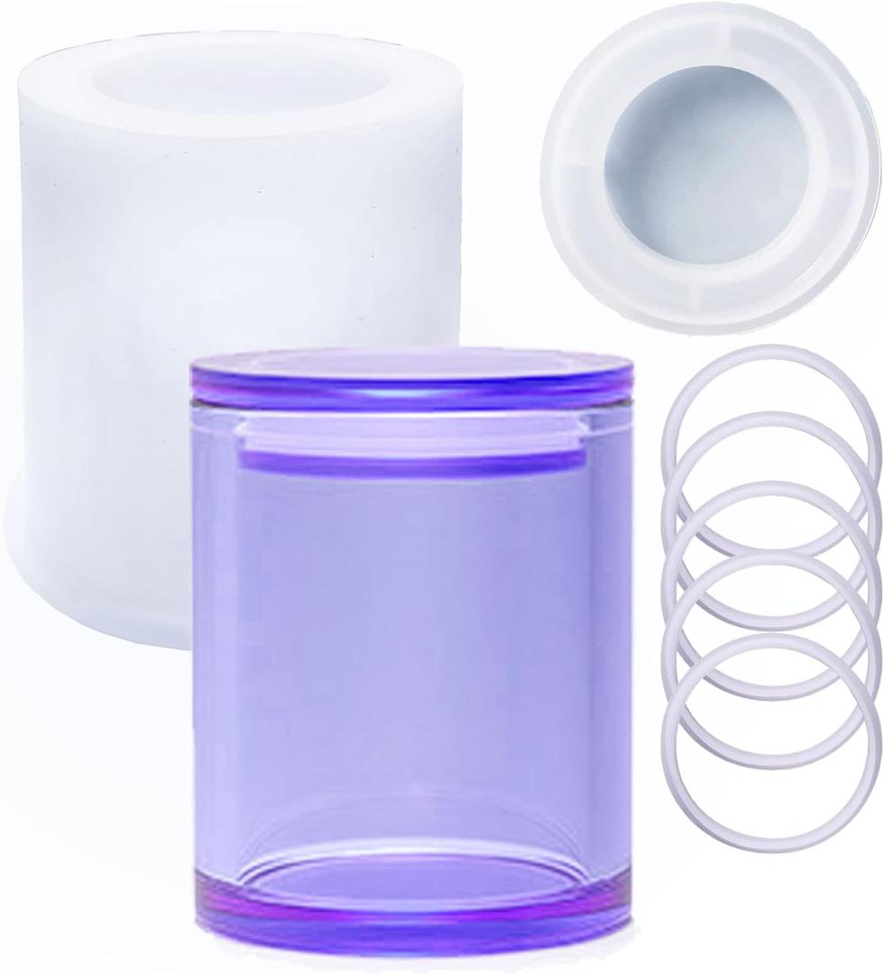 Sealed Storage Box Silicone Resin Mold with 1 lid and 5 Rings Vase Pen Holder Bottle Jar Cylinder Shaped Epoxy Casting Molds for Candy Jewelry Ornaments Trinket Container Cup, 3D DIY Making Crafts