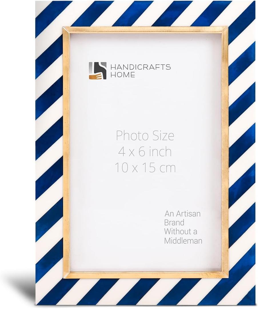 Handicrafts Home 4x6 Vintage Blue Picture Frame, Decorative Wall & Tabletop Frame for Living Room, Bedroom, Office, Gallery Wall, Modern Farmhouse & Boho Home Decor, Resin Inlay & Brass Decorative Picture frame for Vintage Decor - Halo Gondola collection