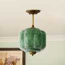Milk Glass Ceiling Light Fixture - Antique Brass Semi Flush Mount Pendant Light for Kitchen, Hallway, and Bedroom (Green, 9 inch)