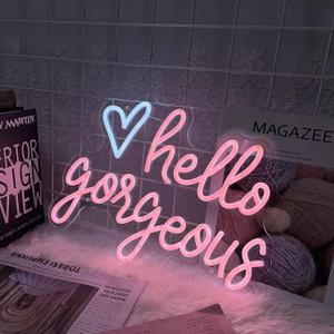 Hello Gorgeous Neon Sign for Wall Decor Led Neon Light Heart Decorative for Girl Bedroom Birthday Wedding Party Romantic Art Wall Lights Gifts USB Powered Acrylic Light for Beer Bar Club