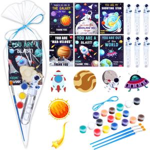 Arrowbash 122 Pcs Space Party Favors Kit 24 Sets Astronaut Painting Crafts with Astronaut Bubbles Wands, Wooden Space Cards Clear Triangle Bags Ribbon Rolls Galaxy Birthday Party Supplies