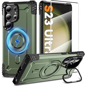 For Samsung Galaxy S23 Ultra Magnetic Case [Built-in Camera Ring Kickstand] [Screen Protector] [Compatible with MagSafe] [Wireless Charging] [Military-Grade Protection] Heavy Duty Rugged Case, Green