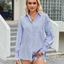 siliteelon Blue Striped Button Down Shirts for Women Long Sleeve Blouses Collared Smocked Cuff Boyfriend Plus Size Business Casual Tops with Pocket (White, L)