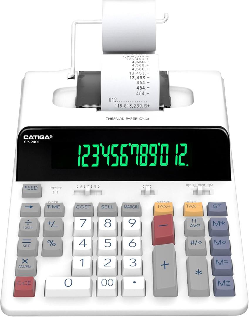 CATIGA 12 Digit Thermal Printing Calculator with Tape Print Out, Ink-Free Adding Machine, 5X Faster, Quieter at 8.0 LPS, Extra Large Fluorescent Display, Tax Calculation with Clock and Calendar, SP-2401