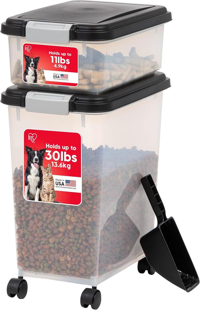 IRIS USA 30 lbs & 11 lbs Combo Airtight Dog Food Storage Container, Stackable Treat Box, 2-Cup Scoop, Wheels, Keep Fresh, Easy Mobility, Black