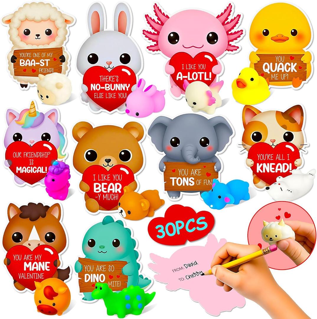 Valentines Day Cards for Kids School - 30PCS Cute Squishy Valentines for Class with Animal Valentine's Days Cards, Valentine Day Gifts for Kids Classroom, Funny Mochi Squishy Valentine Party Favors