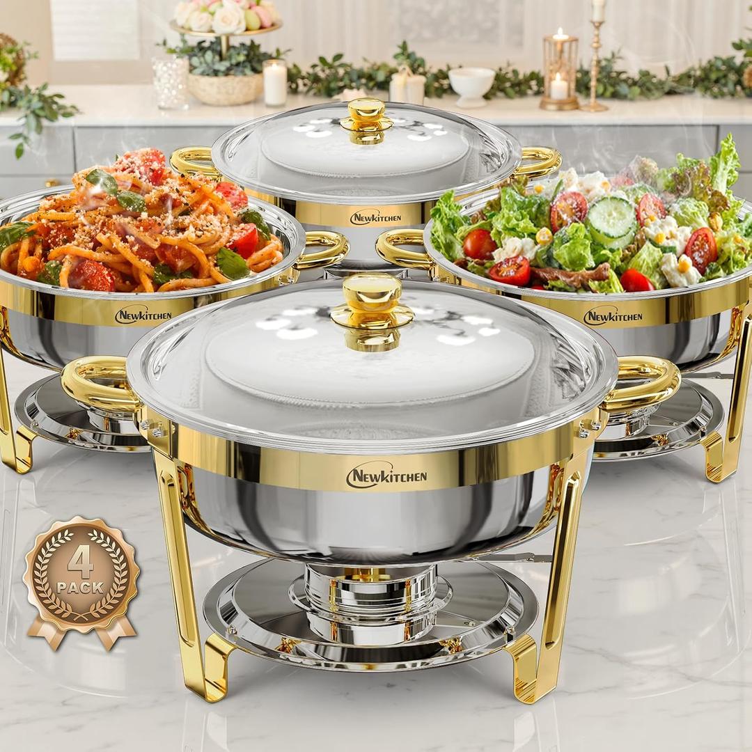 Chafing Dishes for Buffet 4 Pack, 6QT Round Chafing Dishes for Buffet [Elegant Gold] Stainless Steel Chafing Dish Buffet Set for Any Party