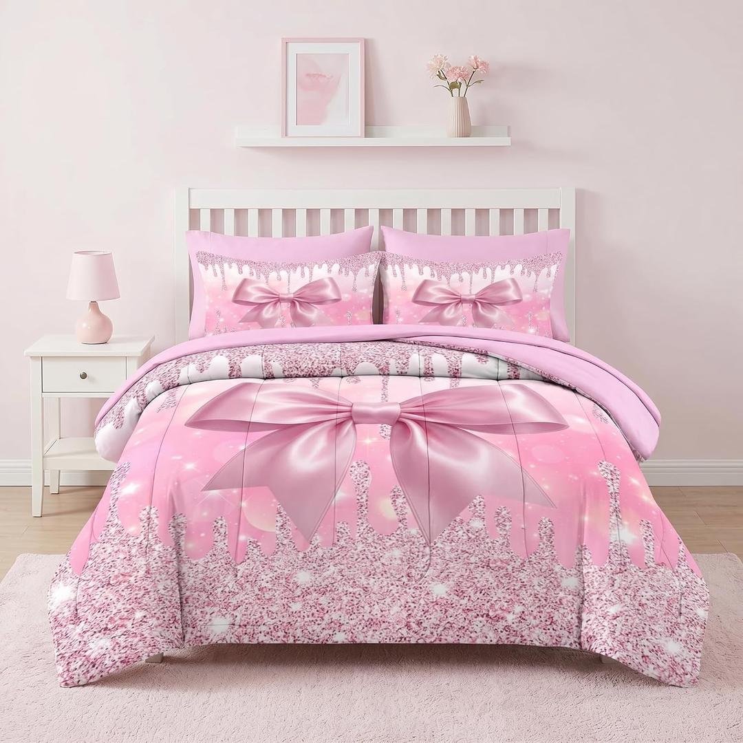 Nesker 7 Pcs Comforter Set Queen Size, Pink Glitter Bow Bedding Set for Kids and Adults, Trendy Pretty Girly Bed Sheet Sets with Fitted Sheet 2 Pillowcases & 2 Shams