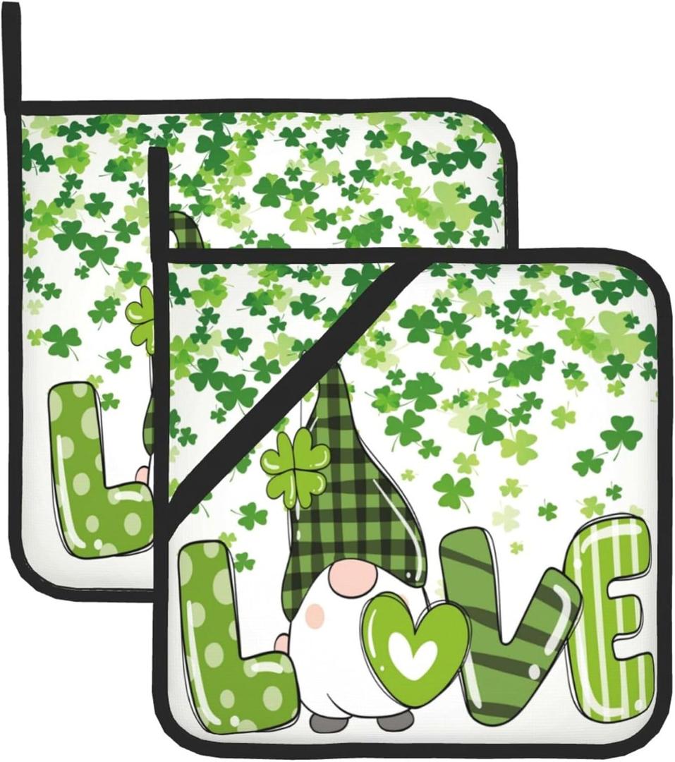 St Patrick's Day Gnome Pot Holders Set of 2 Shamrock Green Clovers Kitchen Decorative Heat Resistant Potholder Cotton Lining Oven Hot Pads for Cooking Baking Microwave Oven End Dishes BBQ Gifts
