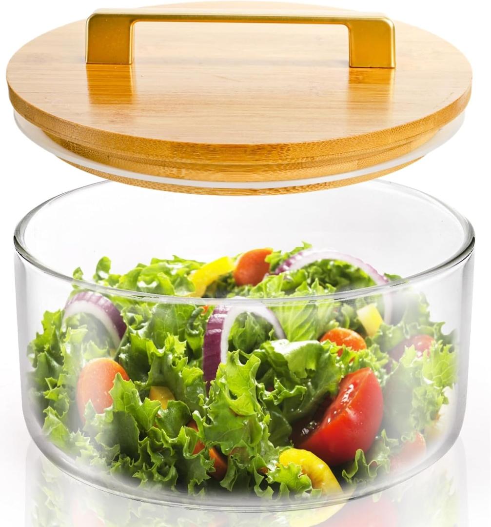 Peohud Glass Trifle Bowl, 8 Inch Clear Salad Bowl with Bamboo Lid, 85 Oz Large Dessert Serving Container for Party, Salad, Fruit, Ice Cream, Cake, Microwave Dishwasher Safe