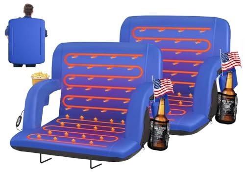 HOPERAN Heated Stadium Seats for Bleachers with Back Support Wide Cushion, Extra Portable Bleacher Seat Foldable Stadium Chair, USB 3 Levels of Heat, Pockets for Outdoor Indoor Sports 25" Blue 2pcs