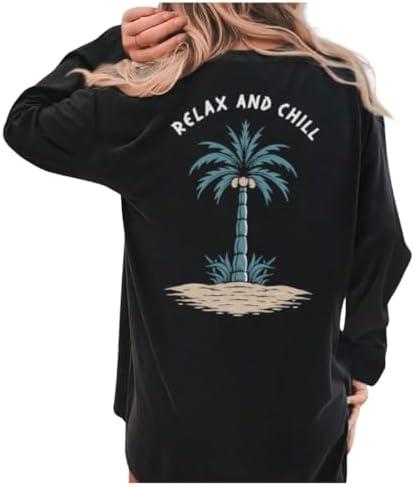 SweatyRocks Women's Palm Tree Letter Printed T-Shirt Casual Loose Fit Round Neck Long Sleeve Tee Tops, S