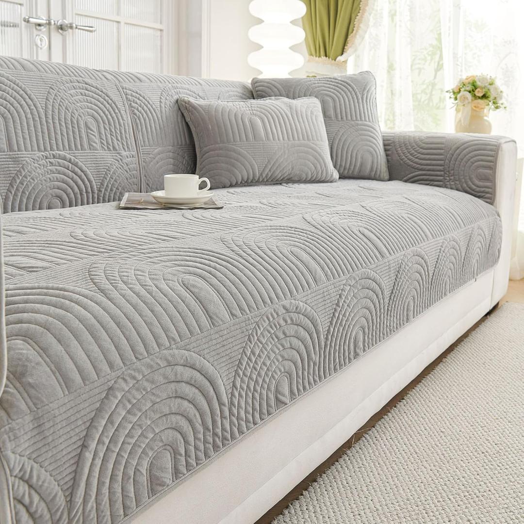vctops Velvet Plush Couch Sofa Cover Geometric Quilted Sectional Couch Covers Non Slip Fluffy Soft Sofa Slipcover for Dogs, Children, Pets Furniture Protector (Grey,36"x94")