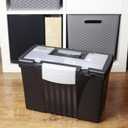 Storex Legal File Box with Organizer Lid Plastic Office File Storage Box for Letter and Legal Hanging Folders, 17.13 x 9.63 x 11 Inches, Black, 1-Count 