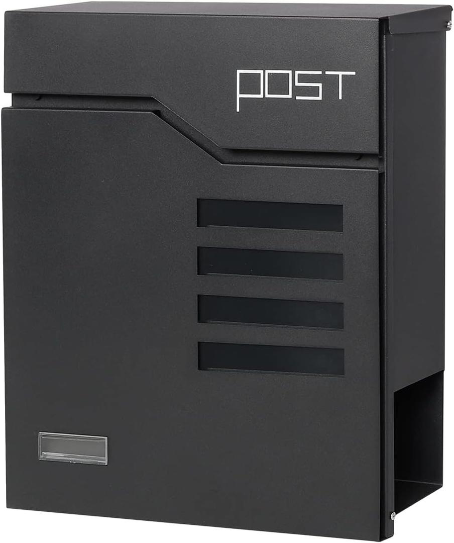 Metal Mailbox Wall Mount, Locking Mailbox with Key Lock, Hanging Secure Postbox, Security Key Drop Box,Outdoor Wall Mounted Mail Box with Large Capacity,12.9 x 4.1 x 14.2 Inch,Black