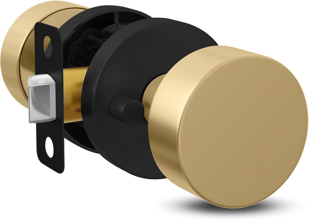 Mega Handles Buena Gold Privacy Door Knob - 1 Pack Reversible Interior Gold Door Knob, Heavy Duty Bed and Bath Door Knobs with Privacy Lock, Fits All Standard Door Sizes - Satin Brass