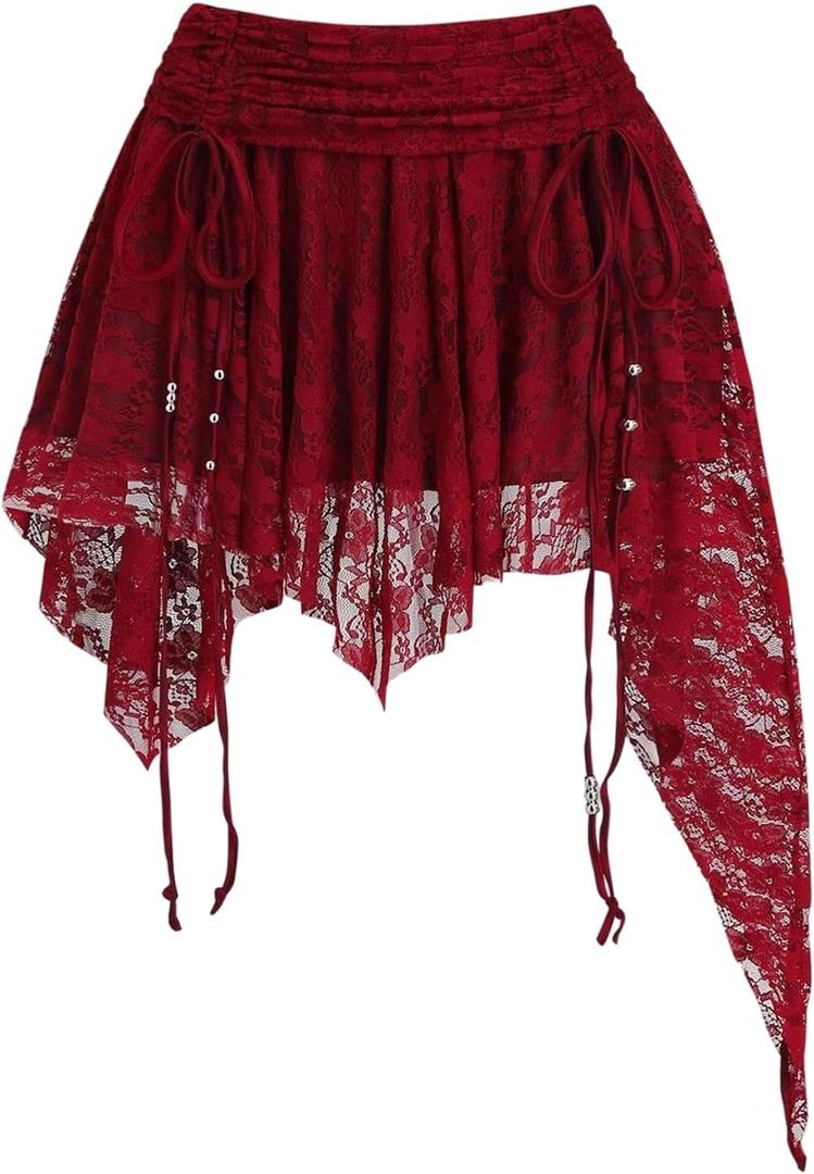 WDIRARA Women's Flowy Lace Ruffle Handkerchief Skirt Drawstring Tiered Skirts,small