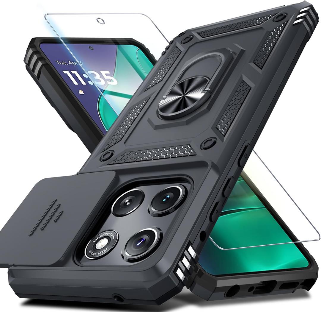 Janmitta Compatible with Moto G Stylus 5G 2025 Case Built in Slide Camera Lens Cover+Screen Protector+Finger Ring Holder Kickstand, Heavy Duty Shockproof Full Body Protective Phone Cover, Black