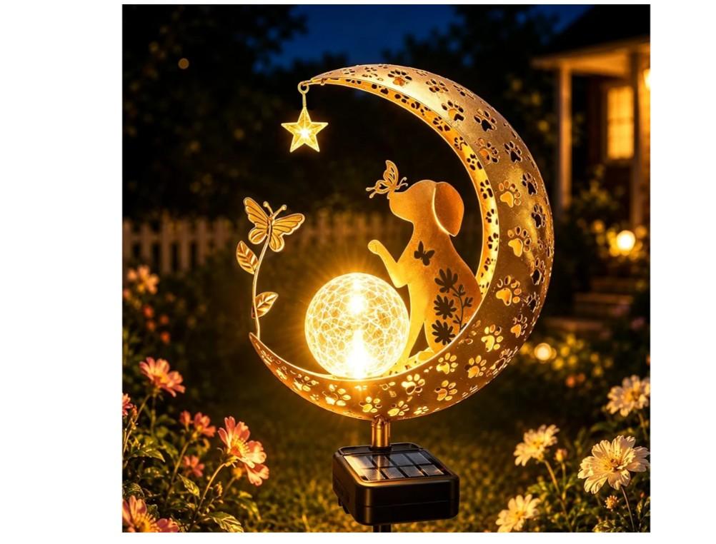 Solar Garden Decor Outdoor Statue, Moon Fairy Garden Figurines with Dog Design for Mom Women Grandma Solar Stake Lights for Patio, Yard, Lawn, Pathway (Warm White)