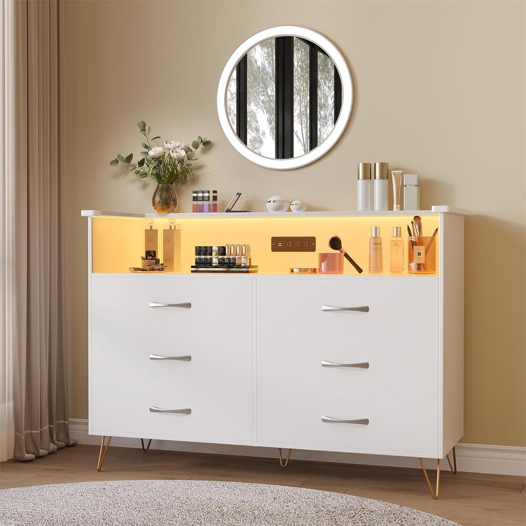 6 Drawer Dressers for Bedroom,Dresser with LED Lights & Power Outlet, 6-Drawer Wooden Chest with 2-Tier Open Shelf, Modern Wide Storage for Bedroom, Living Room, Entryway