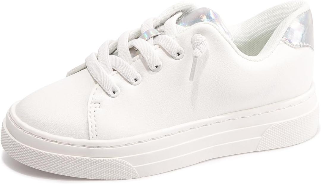 FUNKYMONKEY Kids Sneakers for Girls Boys Low Top Skate Shoe Little Kids/Big Kid Lace Up Casual Walking Shoes, White, Size 3  