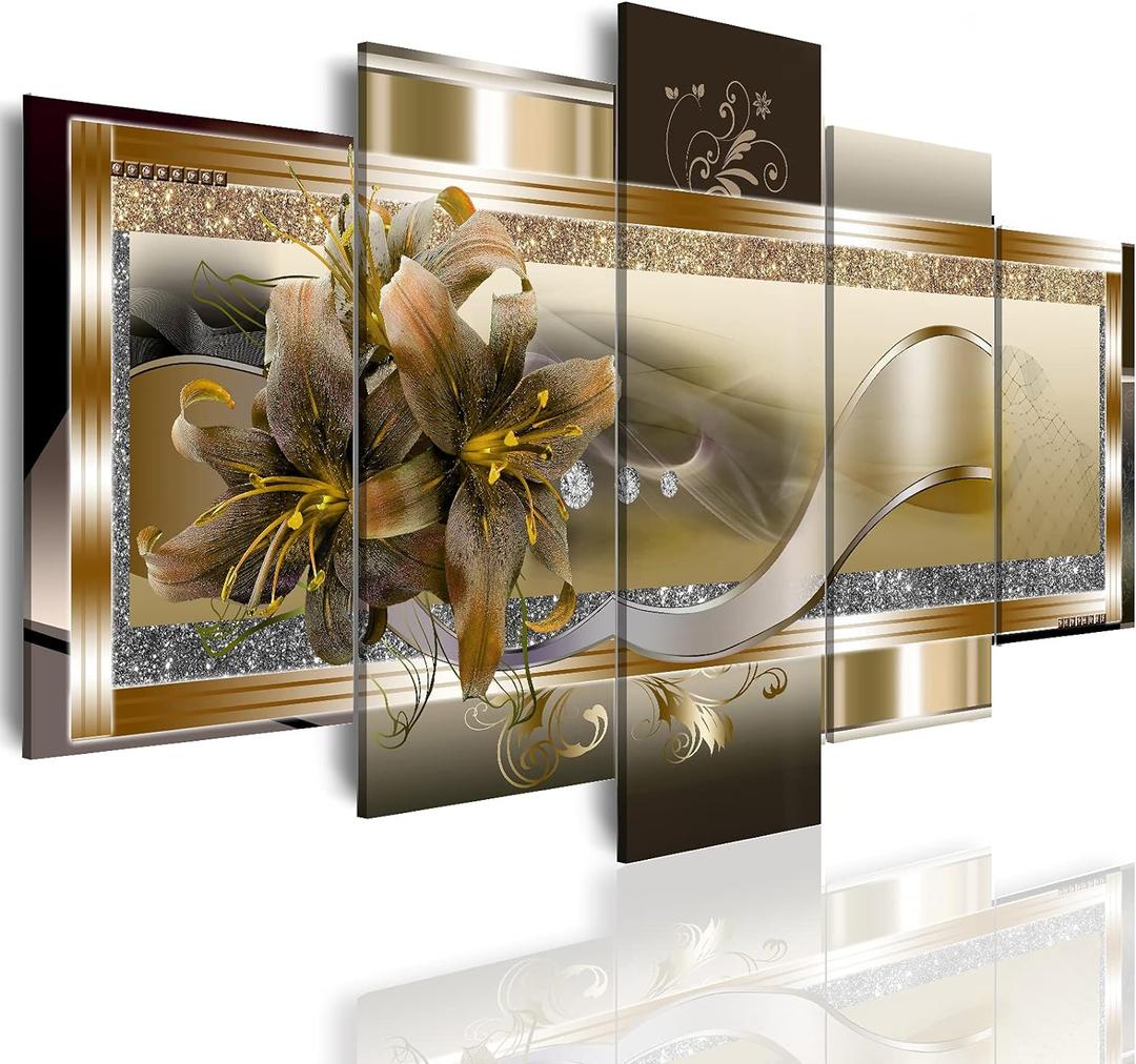 5 Panel Yellow Orchid Flowers Canvas Print - Abstract Golden Floral Wall Decor Poster, 5 pieces Wall Art Painting Decor for Home Decoration Artwork Picture Bedroom Wall Decor (D, Oversize 60x30inch)