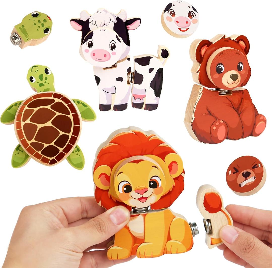 HUZU Animal Snap Wooden Building Blocks  Fun & Educational Puzzle Toy for Kids Aged 3-8, Features Cow, Bear, Lion and Turtle, Matching Game with Interchangeable Animal Faces & Emotions