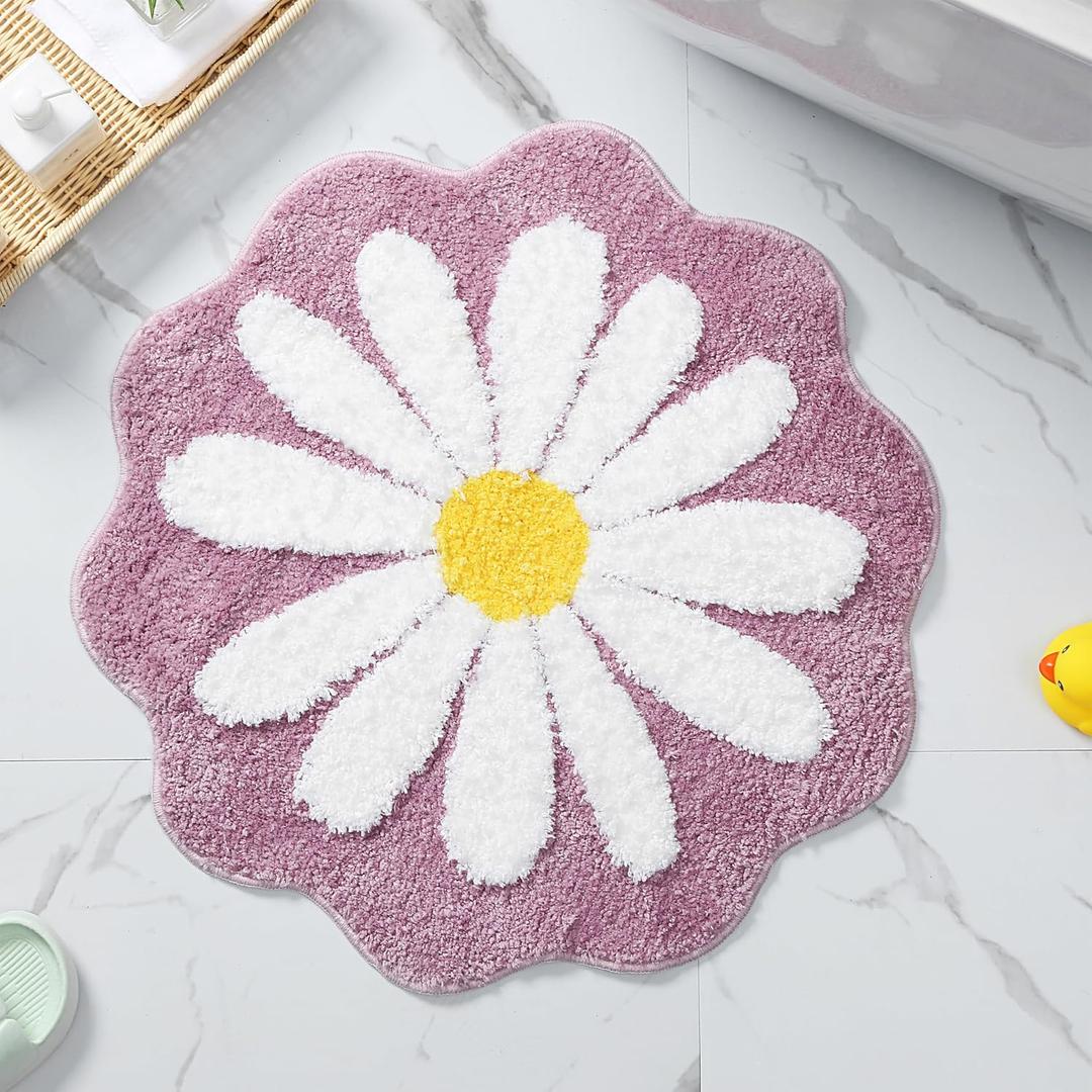 Cute Bath Mat,Pink Flower Rug,Water Absorption Non Slip Mat,Soft Machine Wash Rug Mat for Bedroom Kitchen Bathroom Toilet Floors 25.6 x 25.6 Inches (Purple)