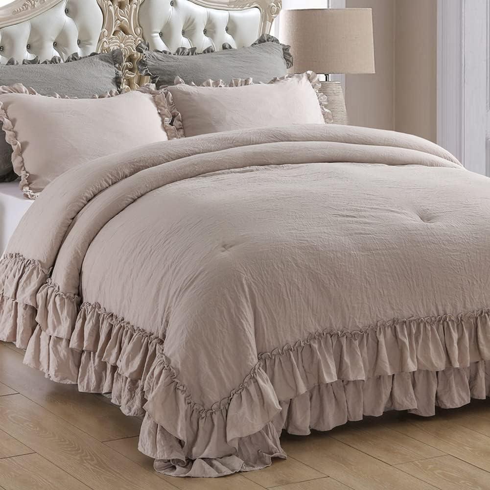 Masaca Shabby Ruffled King Comforter Set,Farmhouse Taupe Bedding Comforter Lightweight Ultra Soft Vintage Rustic Microfiber Bedding 3pc (1 Ruffle Comforter and 2 Pillowcases)