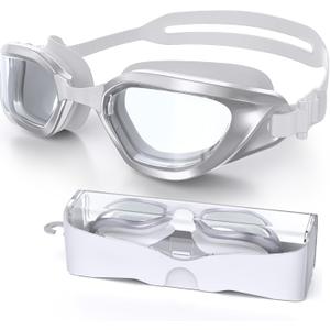 Swim Goggles, Unisex Adult Swimming Goggles Anti Fog Anti UV No Leakage Wide View for Men Women Youth (White Silver/Clear)