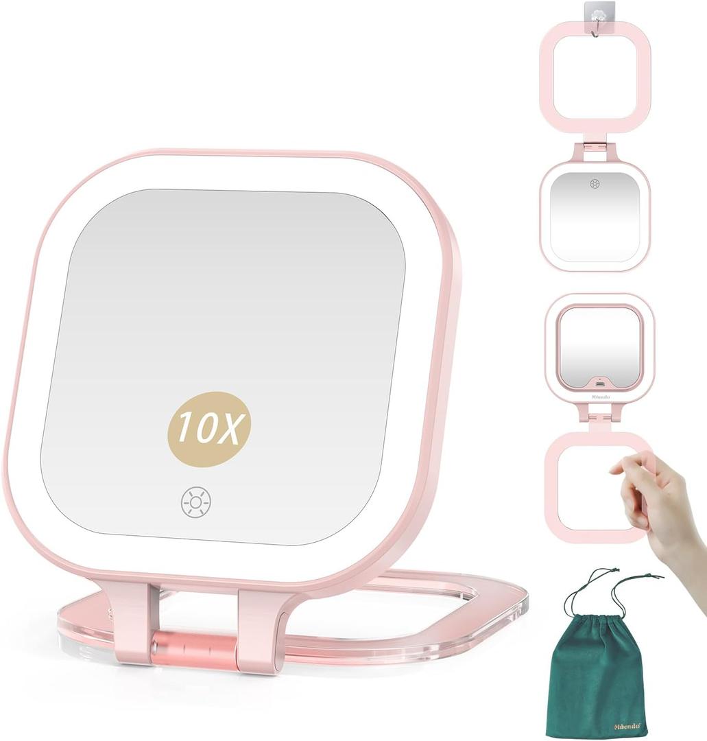 Mocado Compact Travel Makeup Mirror, 1X/10X Magnifying Mirror with Light, Double Sides Compact Mirror with 3 Color Light, Dimmable Handheld Mirror, Rechargeable Travel for Purse,Pocket(Pink)
