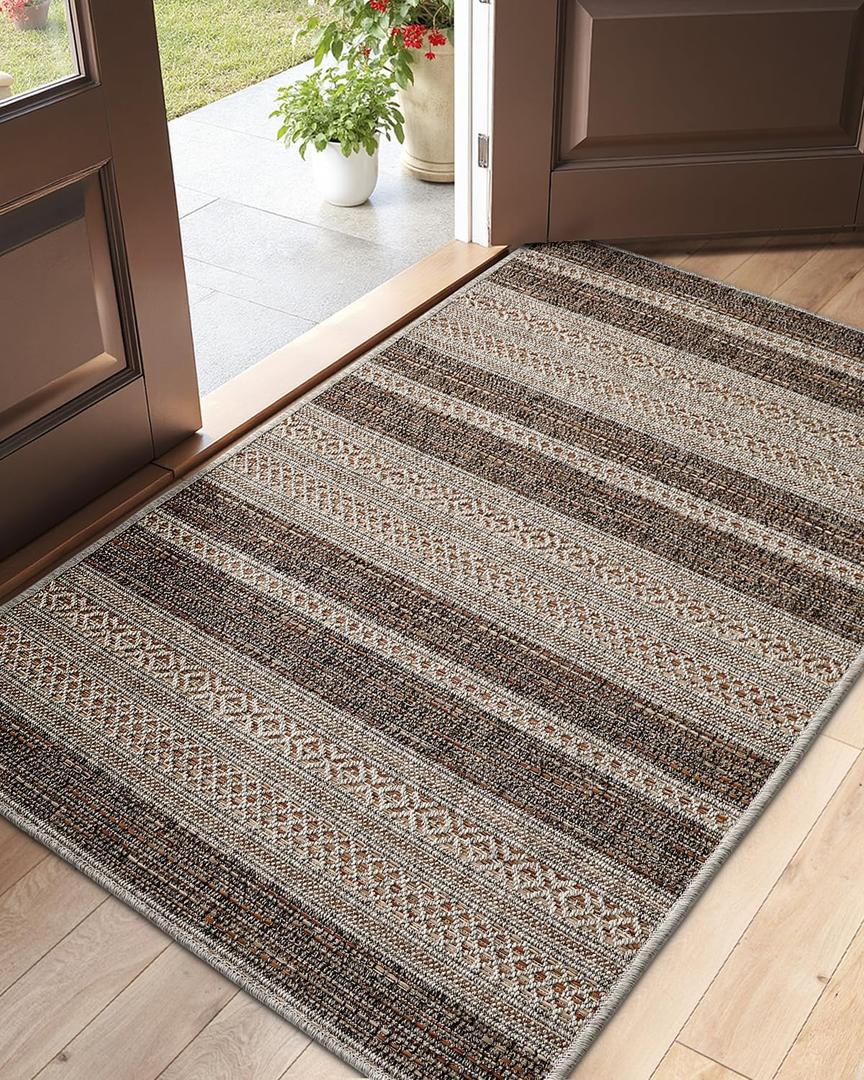 DEXI Dirt Trapper Door Mat, 31x60 Washable Doormat, Dirt Resistant and Absorbent, Easy Clean Low-Profile Floor Rugs for Entryway, Front Door, and Inside Entrance, Striped Brown