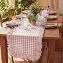 HunnmingRe 1 Pcs Light Pink Plaid Gingham Ruffle Table Runner 72 x 13.8'' Farmhouse Table Runner 100% Cotton Scalloped Long Dresser Scarves for Mothers Day, Dining Room, Wedding, Rustic Home Decor