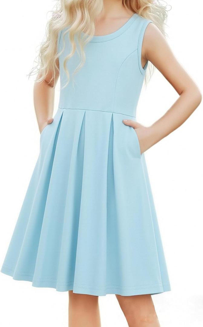 JE Sterguard Girls Dresses with Pockets, Girl Skater Dress for Girls 4t-14 Cotton Sleeveless Party Casual Clothes (Blue, XL)