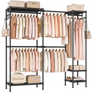 Kryonix Expandable Heavy Duty Clothes Rack, 70-88.2" Wide Freestanding Garment Rack with Shelves, 6-Tier Metal Closet Organizer, Hanging Rods for Bedroom, Load 900 lbs - Black 4 Hanger Rods