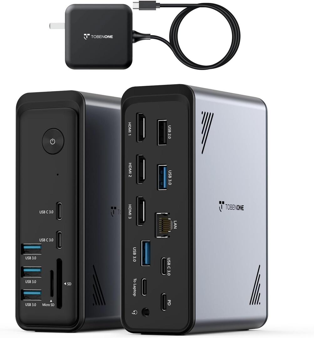 TobenONE 18 in 1 USB C Docking Station 3 Monitors 4K@60Hz, Laptop Docking Station with 100W Power Adapter, Triple Monitors with 3 HDMI, 9 USB Ports, Gigabit Ethernet, for Windows and Chrome OS
