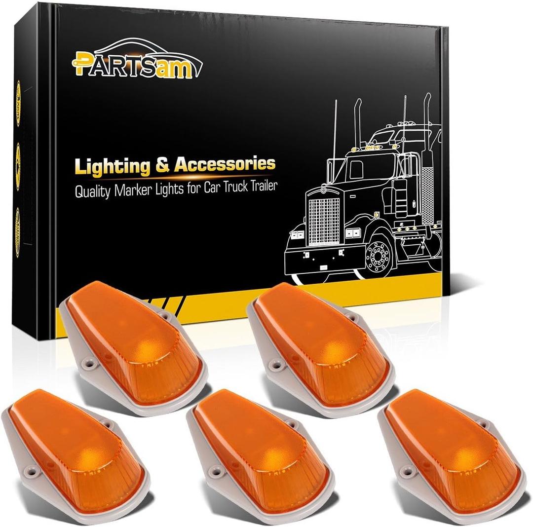 Partsam 5Pcs Amber Cab Marker Light Covers Replacement for F150 F250 F350 Top Roof Clearance Running Lights Lens 1980-1997 Super Duty Pickup Trucks with Base and T10 Sockets Pigtails(w/o Bulbs)