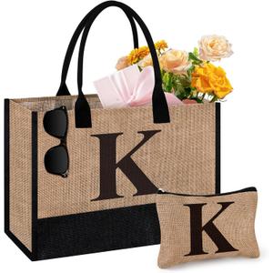 Initial Jute Tote Bag & Makeup Bag, Birthday Gifts for Women Her Mom Teachers Friends