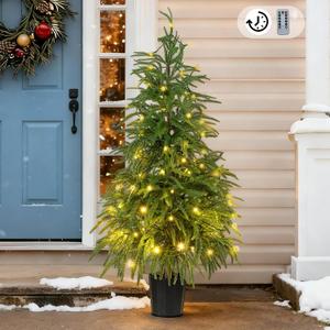 BLOSMON Outdoor Christmas Trees for Porch: 4 Ft Norfolk Pine Tree with 100 LED Lights Remote Control Timer 8 Lighting Modes - Small Artificial Cypress Trees Indoor Table Top Decor