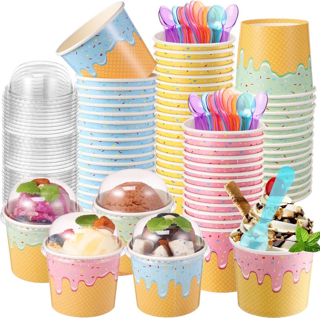 40 Pack 6 oz Ice Cream Cups with Lids and Spoons Paper Dessert Cups Colorful Sundae Bowls Disposable Ice Cream Containers for Hot Soup Spring Summer Graduation Bar Party Supplies