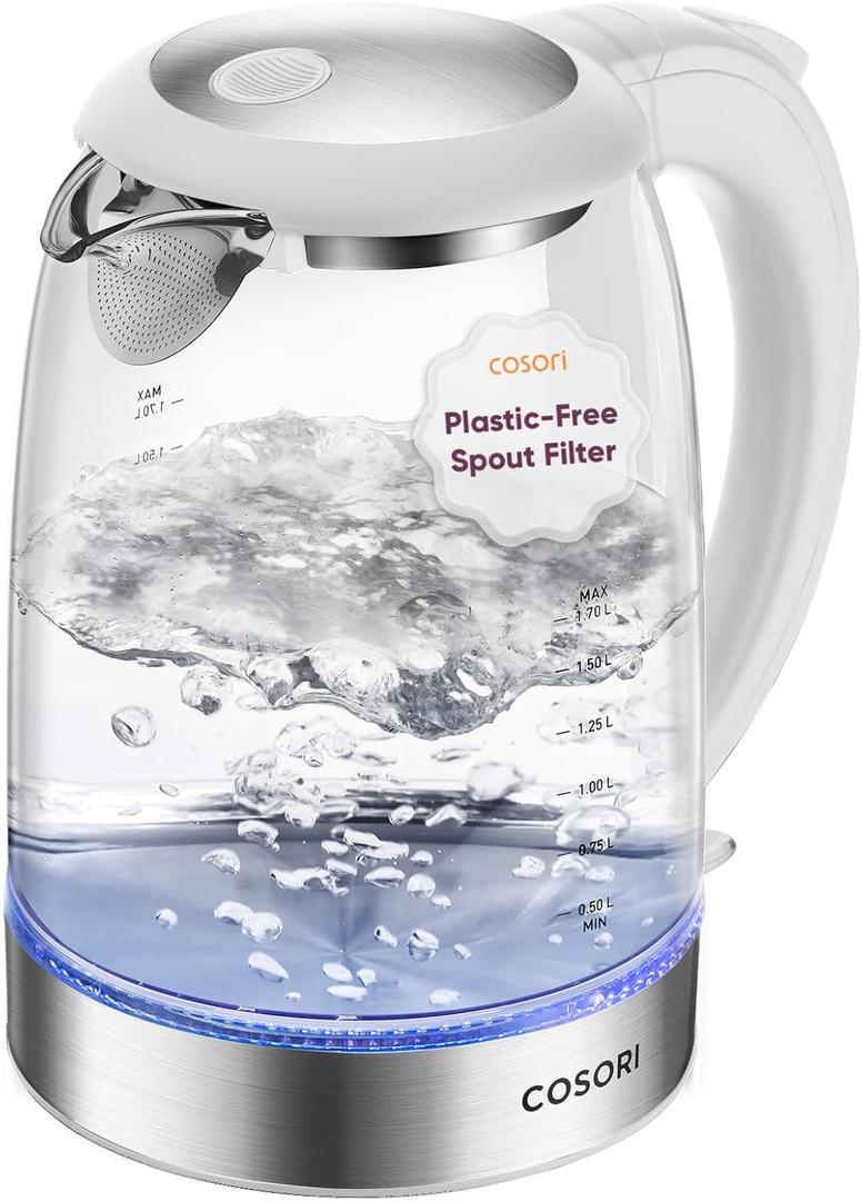 Cosori Electric Kettle, No Plastic Filter & Spout, Tea Kettle & Hot Water Boiler For Coffee & Tea, Water Heater & Teapot, Automatic Shut Off, Borosilicate glass, White, 1.7L/1500W (1.8 Quarts)