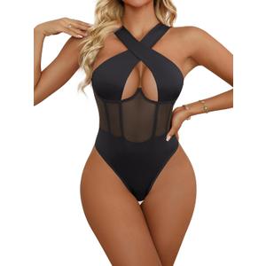 Criss Cross Halter Bodysuit Sexy Lingerie for Women Halter Top for Womens  (Large, Black)