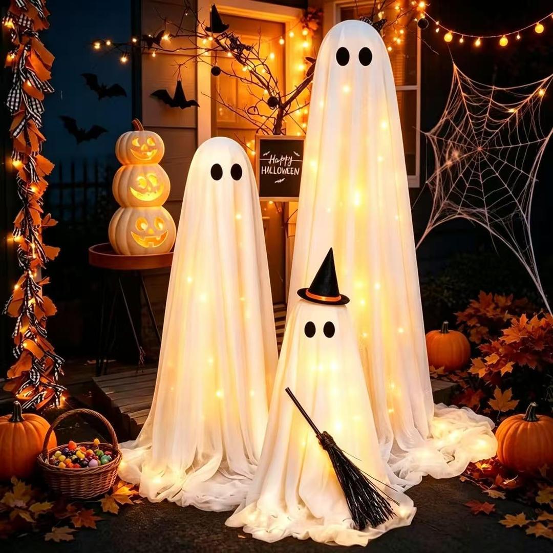 3 Pack Halloween Lighted Ghost Decorations Indoor Outdoor Light Up Ghosts Easy to Assemble Adjustable Height Spooky Halloween Party Decorations for Porch Yard Mantel Home Living Room