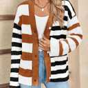 Saodimallsu Womens Striped Cardigan Sweaters V Neck Open Front Button Up Color Block Fuzzy Loose Knit Coats (Small, Brown)
