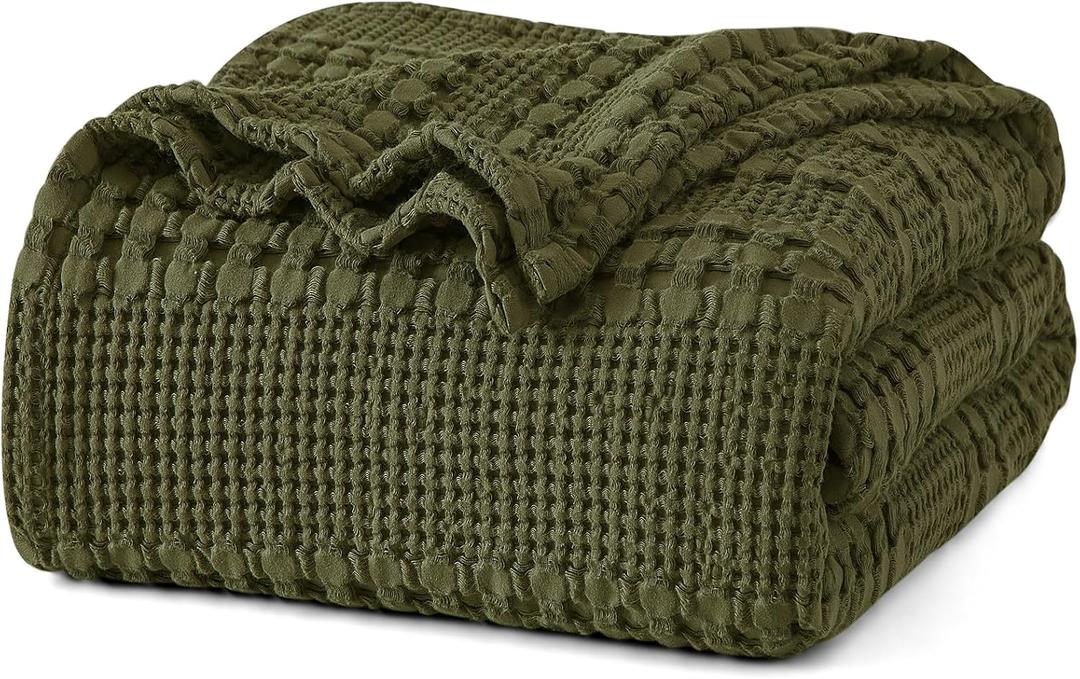 PHF 100% Cotton Waffle Weave Blanket King Size for Bed, Soft Lightweight & Breathable for Spring and Summer, All-Season Comfort, Luxury Aesthetic Blanket for Home Decor, 108"x90", Capulet Olive