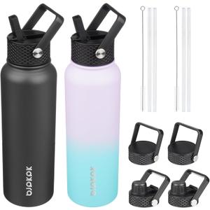 BJPKPK 2 Pack Insulated Water Bottles with Straw Lids, 40oz Stainless Steel Metal Water Bottle with 6 Lids, Leak Proof BPA Free Jugs, Cups, Flasks for Travel, Sports (Lavender Green+Black)
