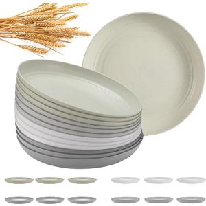 HEYCOME 12 Pcs Unbreakable Deep Dinner Plates Set, 10 inch Reusable Plastic Wheat Straw Plates, Microwave and Dishwasher Safe Plate for Kitchen, Lightweight Plate for Dessert, BPA Free, 4 Colors